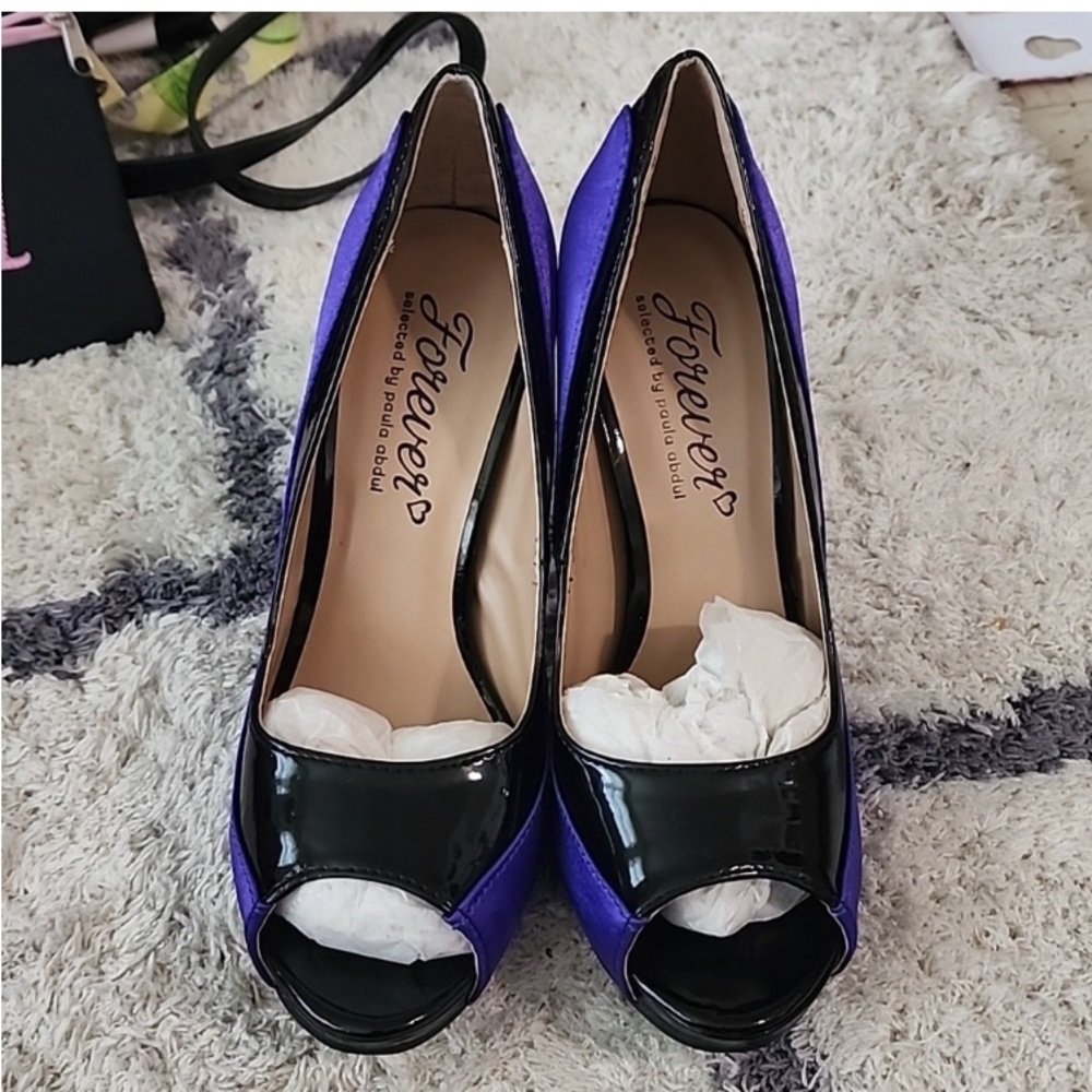 ISO forever by Paula Abdul, purple satin black patent peep, toe heels